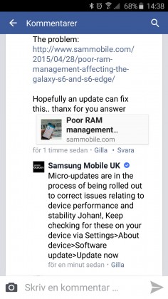 Samsung Galaxy S6 memory issue statement