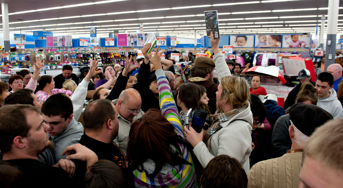 The chaotic scramble that often occurs during Black Friday sales.